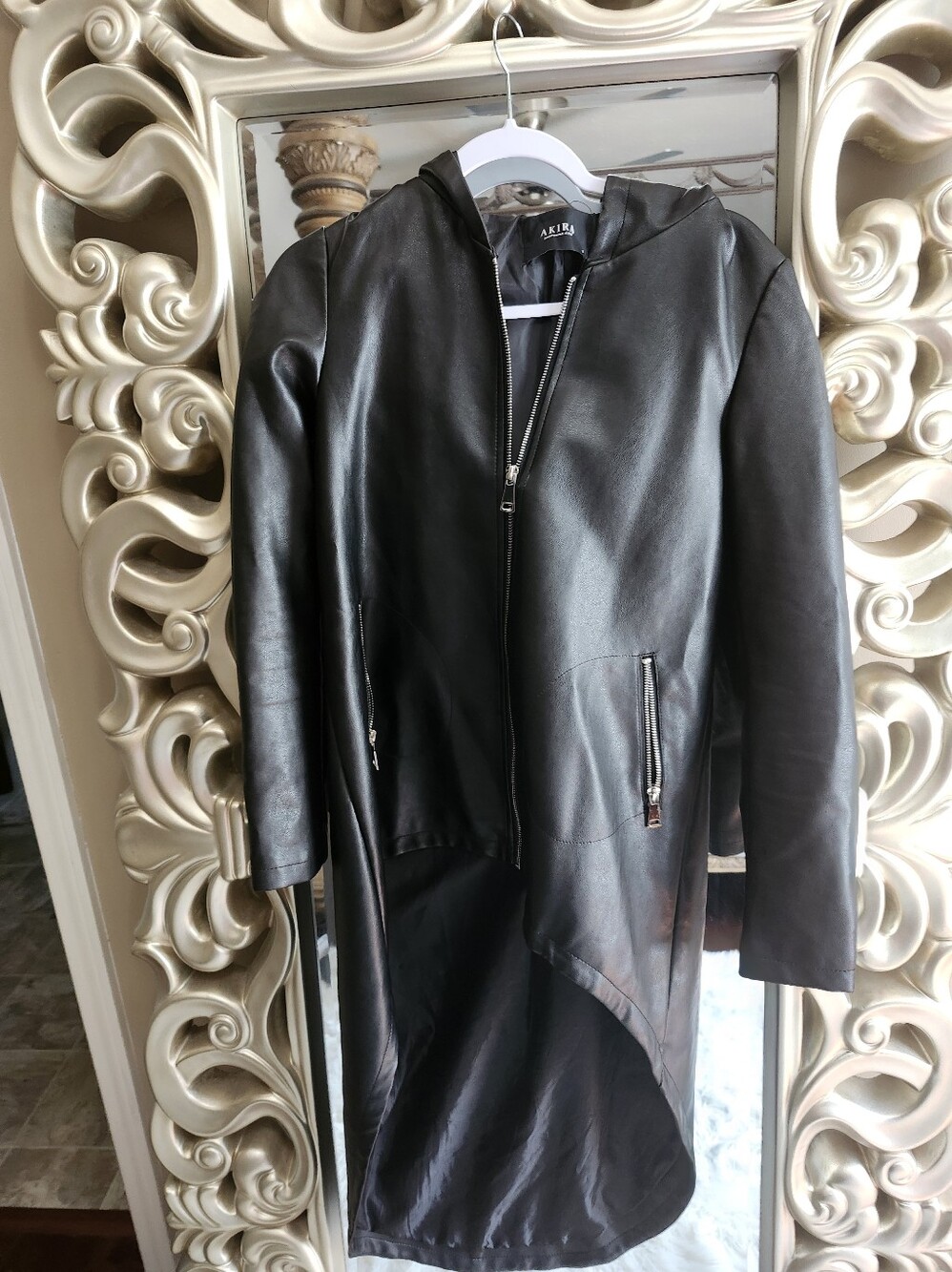 AKIRA Black Longline Leather Hooded Jacket
